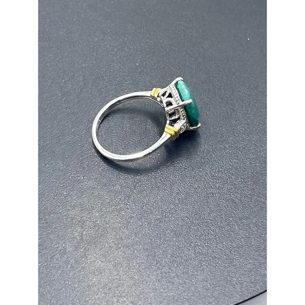 Designer Signed Sterling 925 India YS Natural Green Faceted‎ Prong Beryl Ring 9